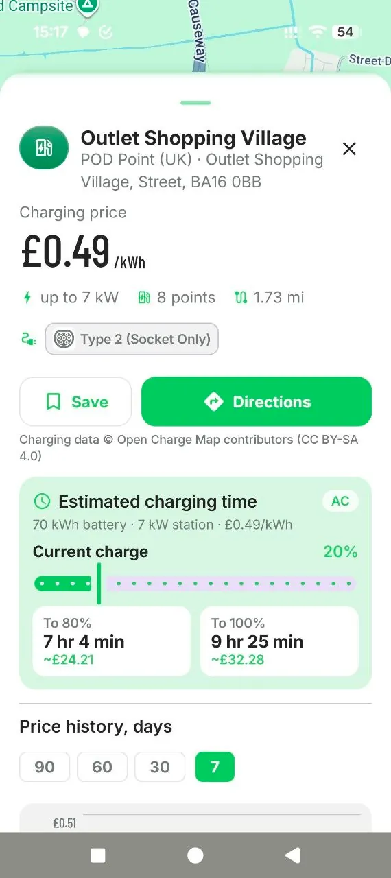 FillRadar charger card with estimated time and cost to 80% and 100%