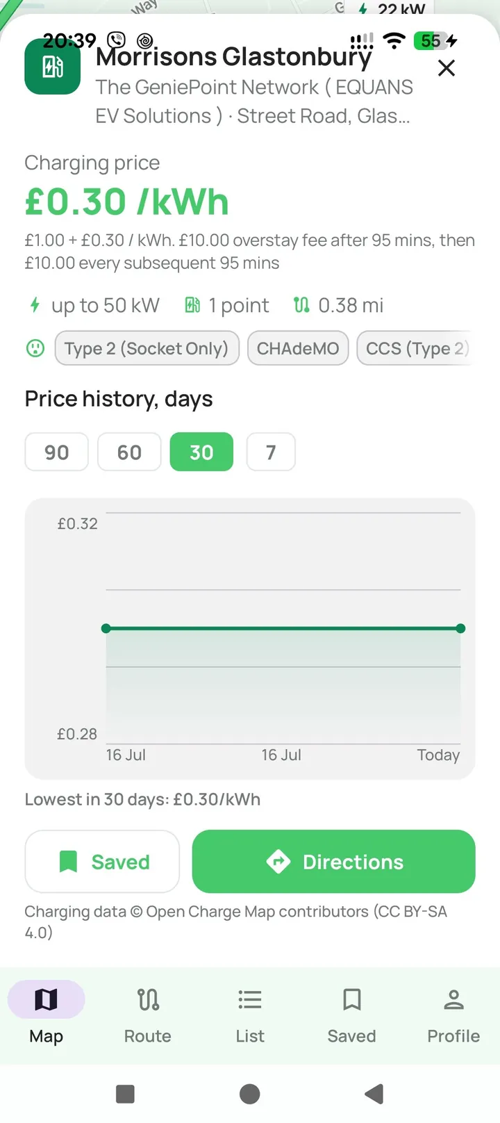 EV charging location card with connectors, power and tariff