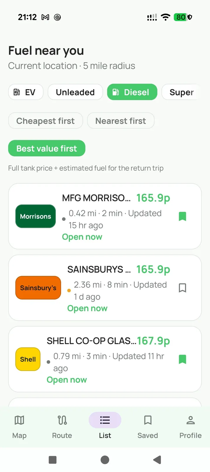 List view of nearby stations sorted by value