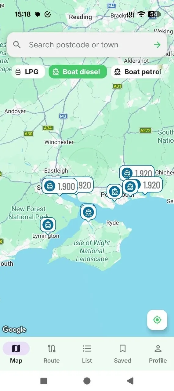 FillRadar map of boat diesel prices around the Solent