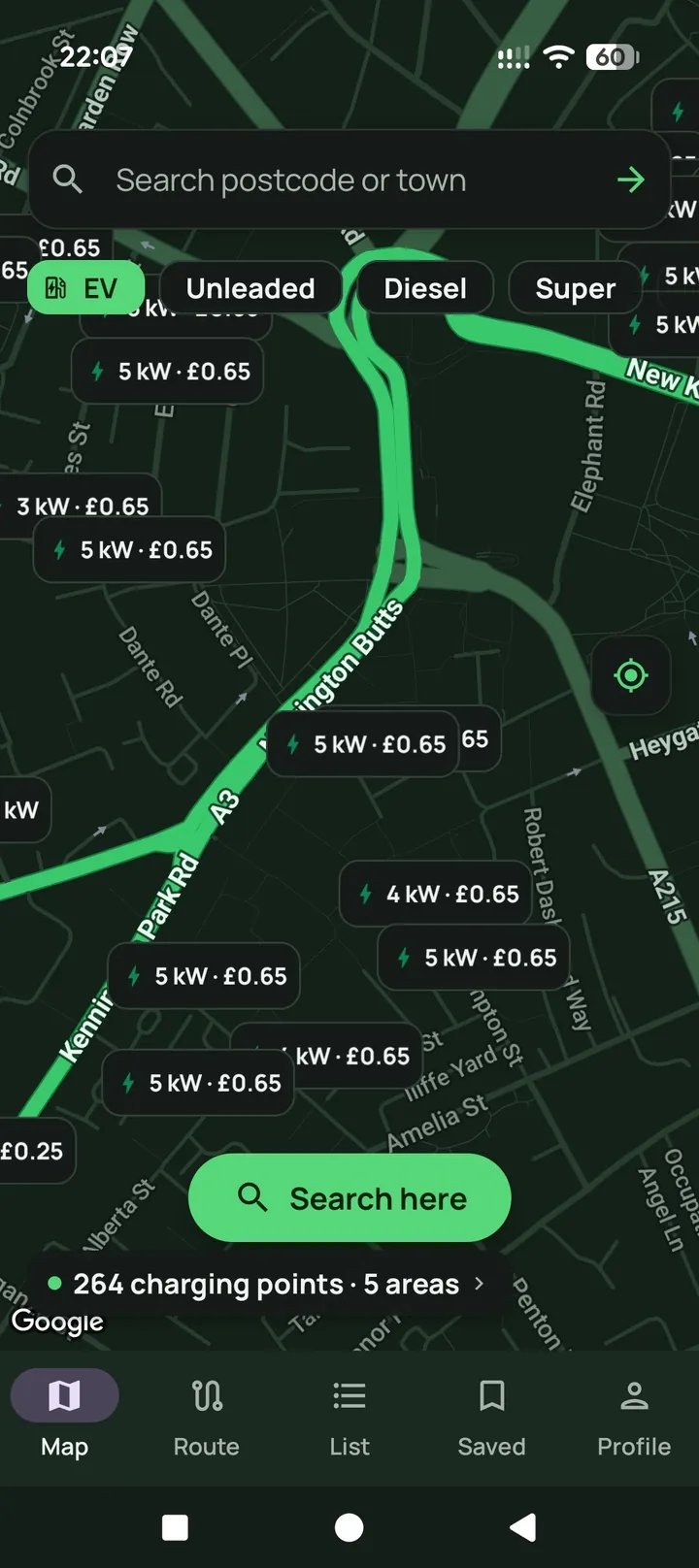 Dark theme map of EV charging locations