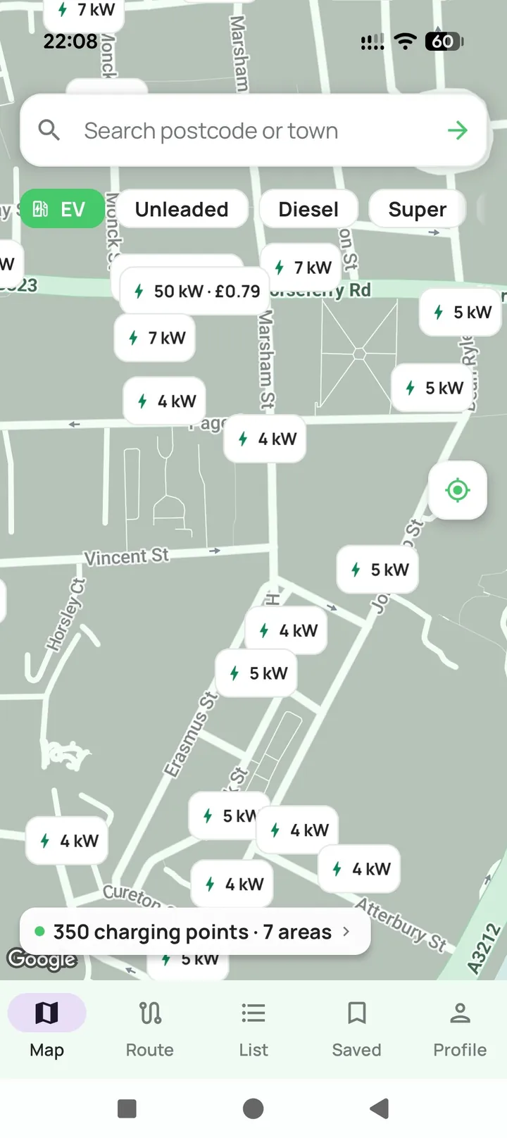 Light theme map showing EV charging points
