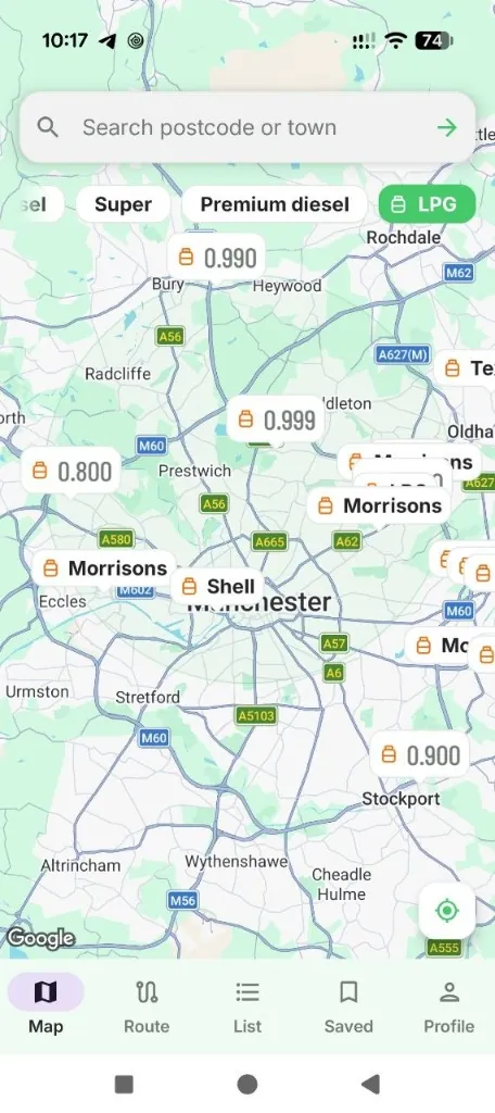 Map of LPG Autogas stations with prices
