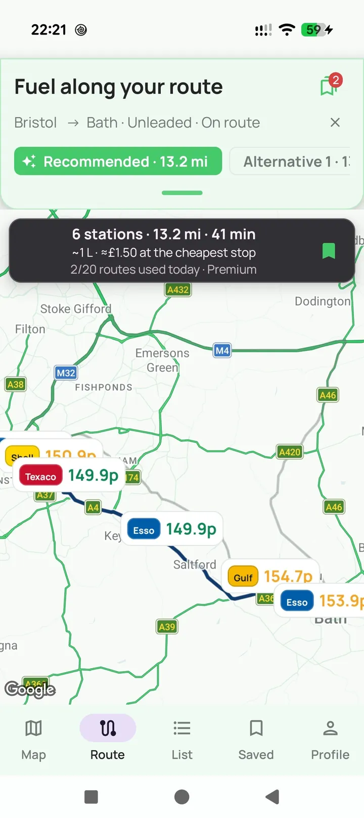 Route planner showing fuel stops along your route