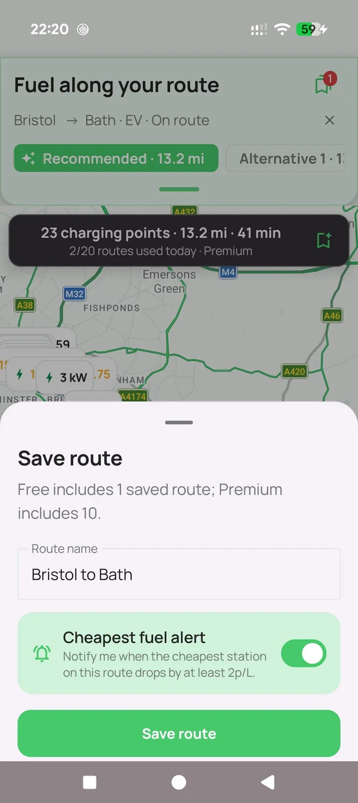 Save-route dialogue with price alert options