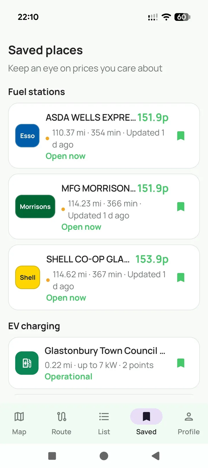 Saved places screen listing your favourite forecourts